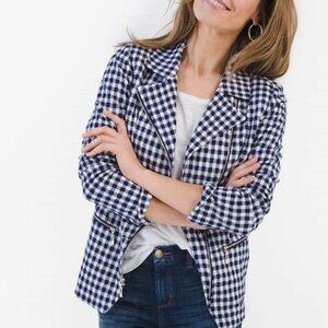 Chicos Navy White Gingham Moto Jacket Size 3 XL 16